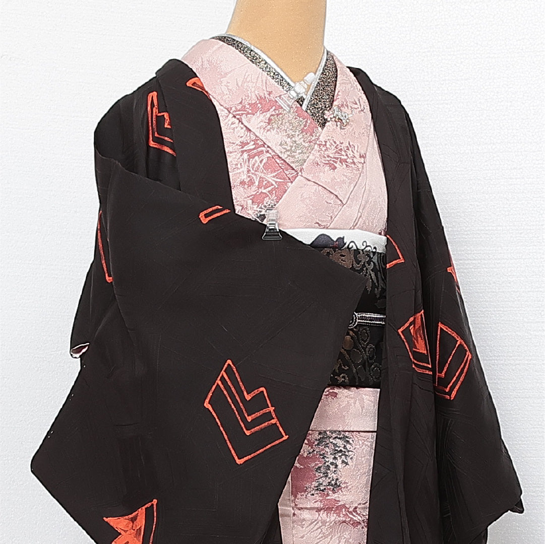黒羽織 袷 身丈78cm 裄丈63cm 正絹 Sランク インフォーマル Sサイズ 創作柄 黒系 RP 1233-13779