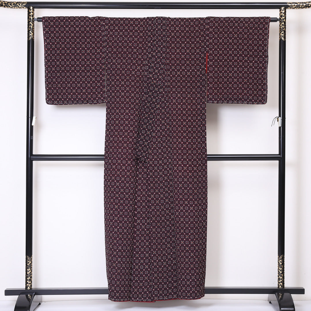 アンティーク 小紋 袷 身丈153cm 裄丈65cm 正絹 Aランク バチ衿 Sサイズ 幾何学柄 茶系 RP 1221-01946