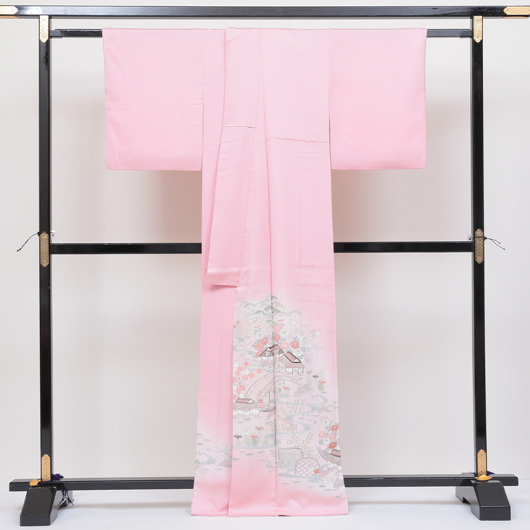 色留袖 一つ紋 五三桐 身丈163cm 裄丈66cm Sランク 正絹 袷 広衿 L 茶屋辻 セミフォーマル ピンク系 1211-F0124