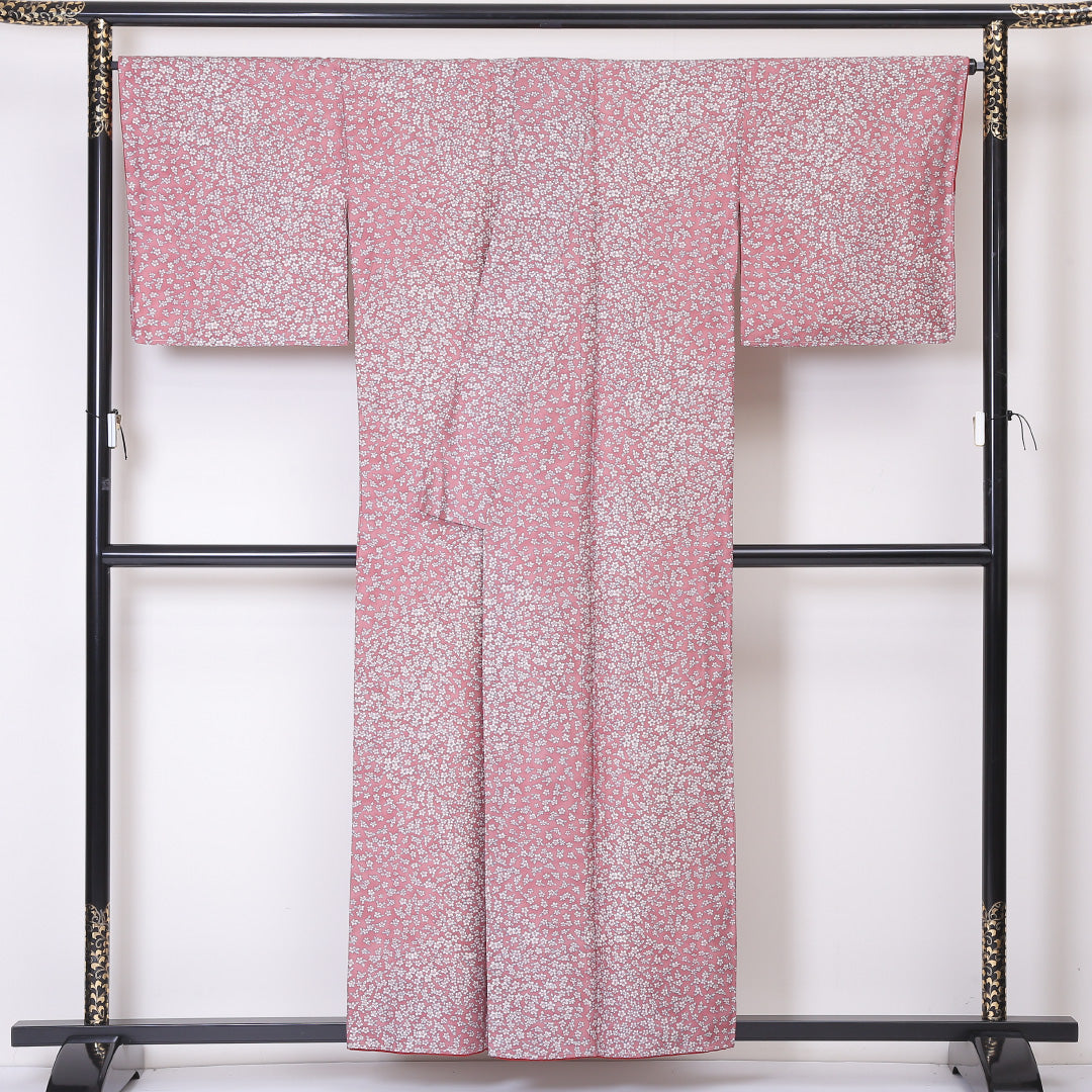 小紋 袷 身丈155cm 裄丈67cm 正絹 Aランク インフォーマル 広衿 Mサイズ 花柄 ピンク系 RP 1221-01964
