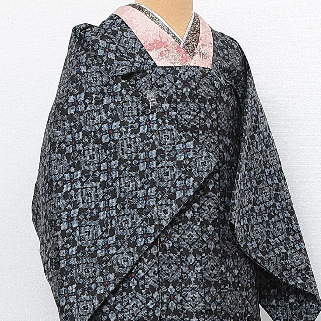 道行コート (大島紬) 袷 身丈84cm 裄丈64cm 正絹 Sランク インフォーマル Mサイズ 経緯絣 ポケットあり 花柄 青系 RP 1237-13802