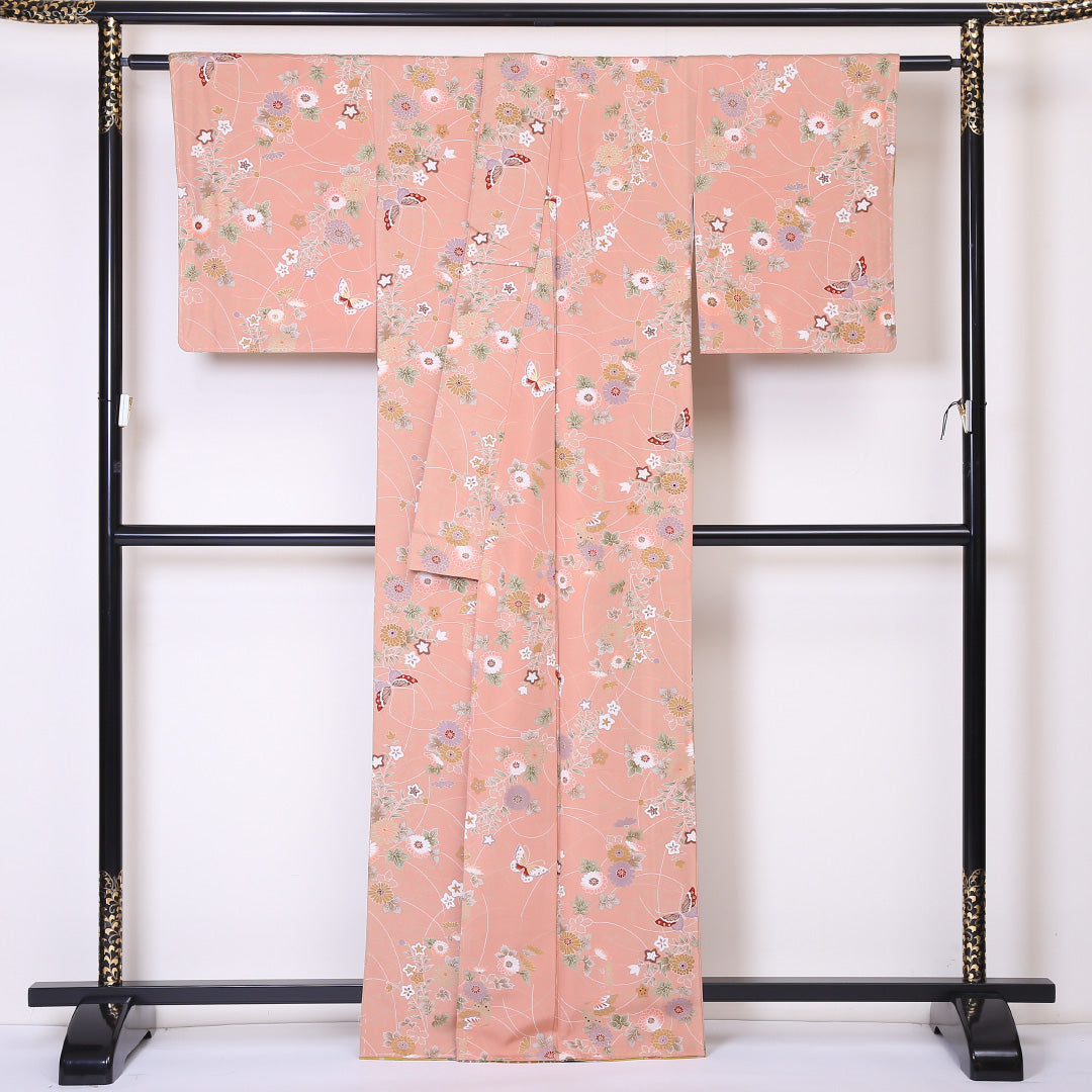 小紋 袷 身丈161cm 裄64cm ピンク系 菊 桔梗や蝶 金彩 正絹 Aランク 1215-01948-3413