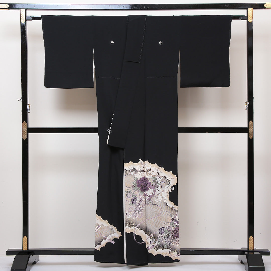 黒留袖 五つ紋 根笹 身丈160cm 裄丈64cm Aランク 正絹 袷 広衿 L 熨斗 牡丹 フォーマル 黒系 1211-F0165