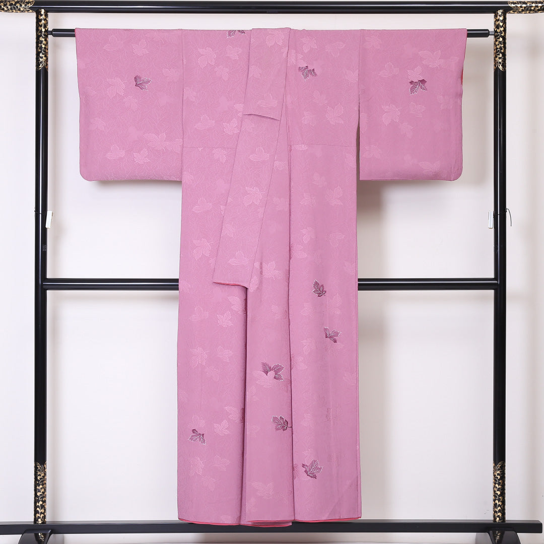 小紋 袷 身丈149cm 裄62cm ピンク系 葉模様 付下げ 正絹 Aランク 1215-01955-3113
