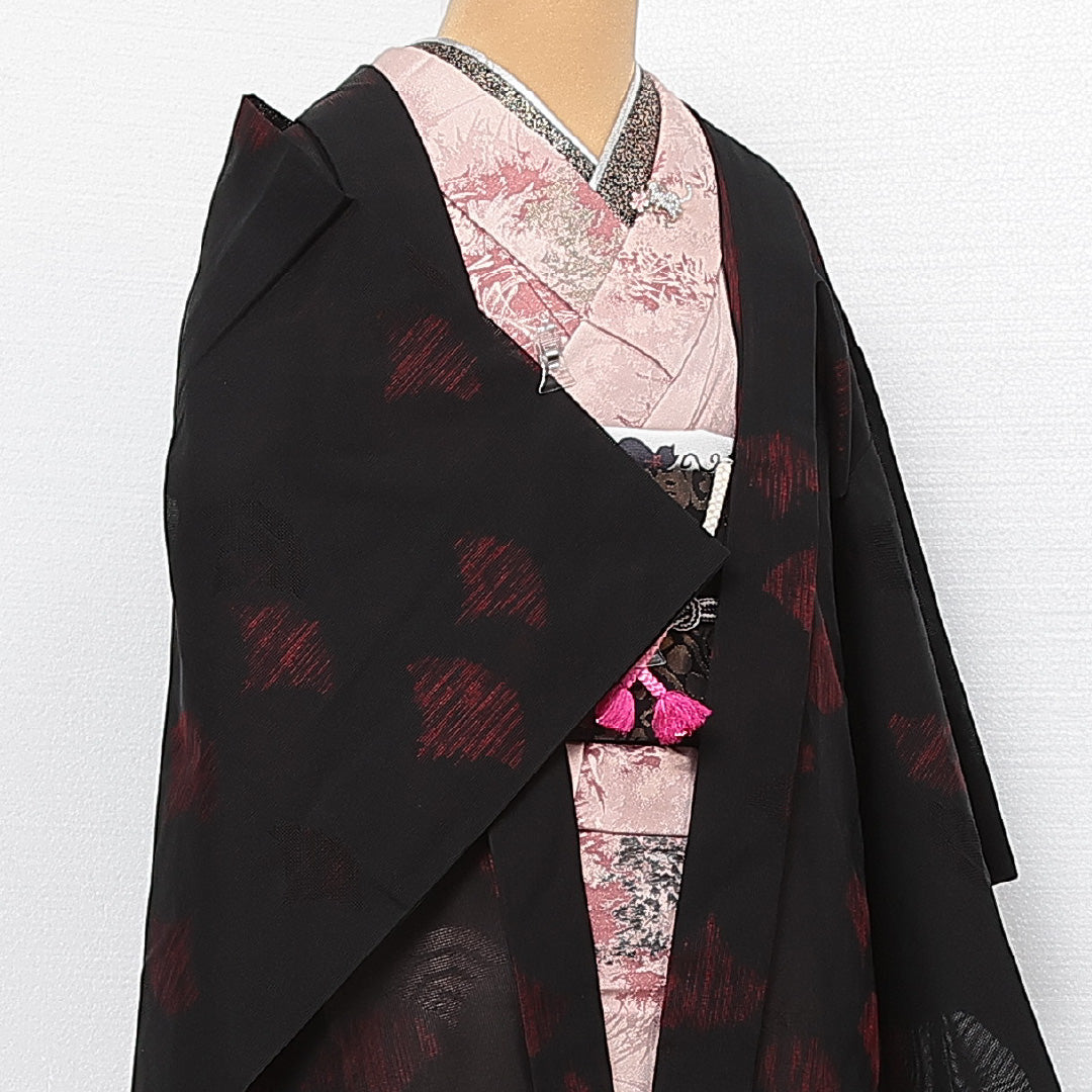 黒羽織 絽 身丈80cm 裄丈64cm Sランク 正絹 Mサイズ インフォーマル 紐あり 扇 古典的 落ち着き 黒系 1217-13835