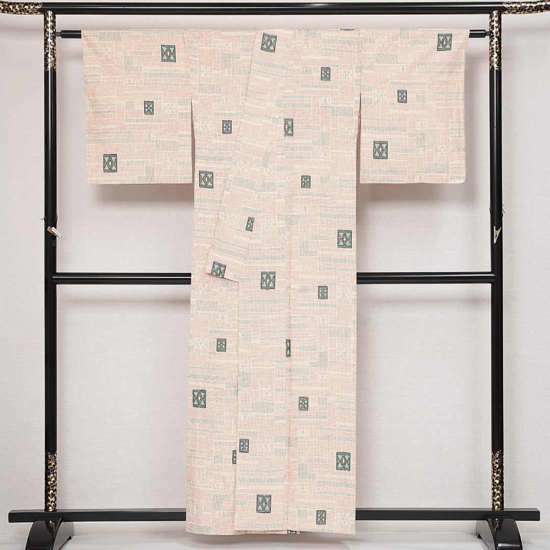 紬 単衣 身丈156cm 裄丈64cm 正絹 Sランク カジュアル 広衿 Mサイズ 幾何学柄 クリーム系 RP 1223-13962