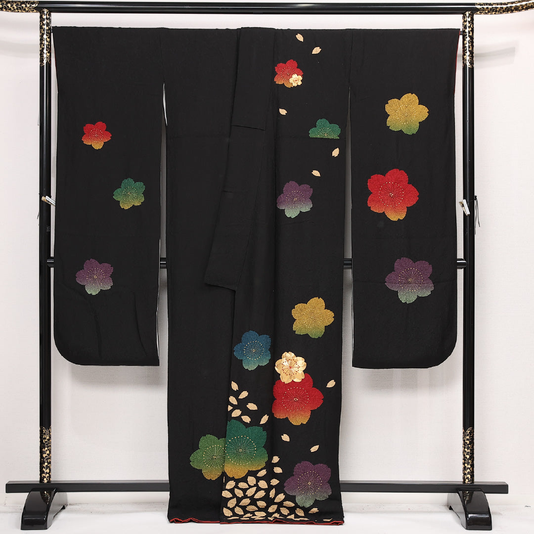 振袖 (長襦袢セット) 身丈168cm 裄丈71cm Sランク 正絹 袷 広衿 XL 絞り 桜 フォーマル レトロ 可愛らしい 黒系 1213-F0569