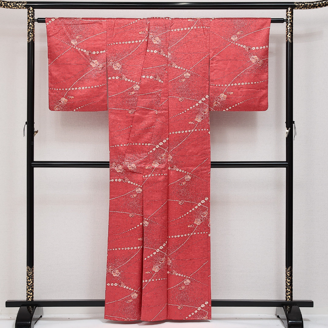 小紋 袷 身丈159cm 裄丈63cm 正絹 Sランク 紋意匠 (芝草) インフォーマル 広衿 Mサイズ 梅 赤系 RP 1221-14349