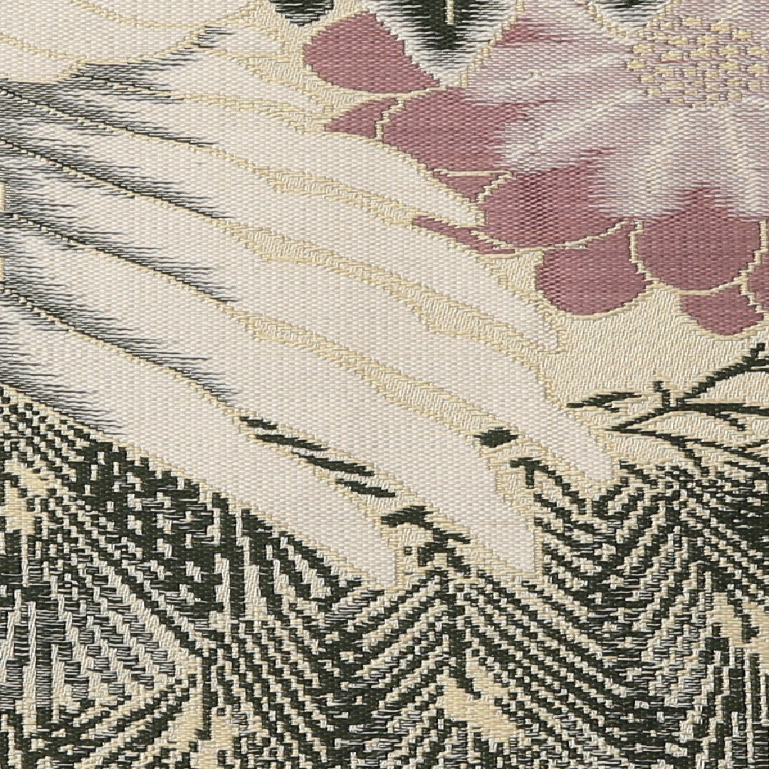 アンティーク 丸帯 帯丈400cm 正絹 全通 松鶴 ベージュ系 1242-01473