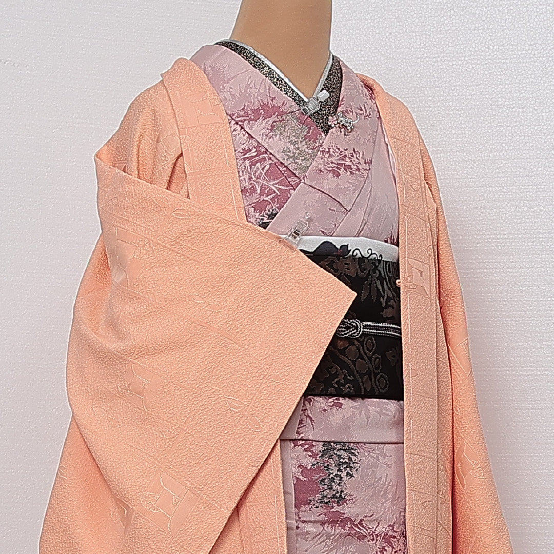 未使用品 羽織 袷 身丈83cm 裄丈64cm 正絹 Nランク 一つ紋 (剣片喰) 紋意匠 (創作柄) セミフォーマル Mサイズ ふくれ織 しつけ糸 クリーム系 RP 1232-13795