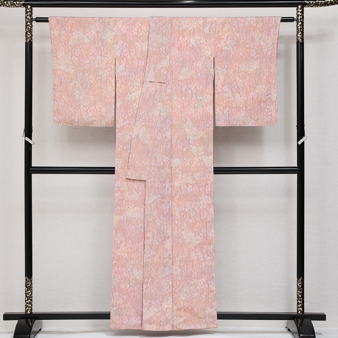 お召 袷 身丈153cm 裄丈62cm 正絹 Aランク インフォーマル 広衿 Sサイズ しつけ糸 花柄 植物柄 ピンク系 RP 1222-14465