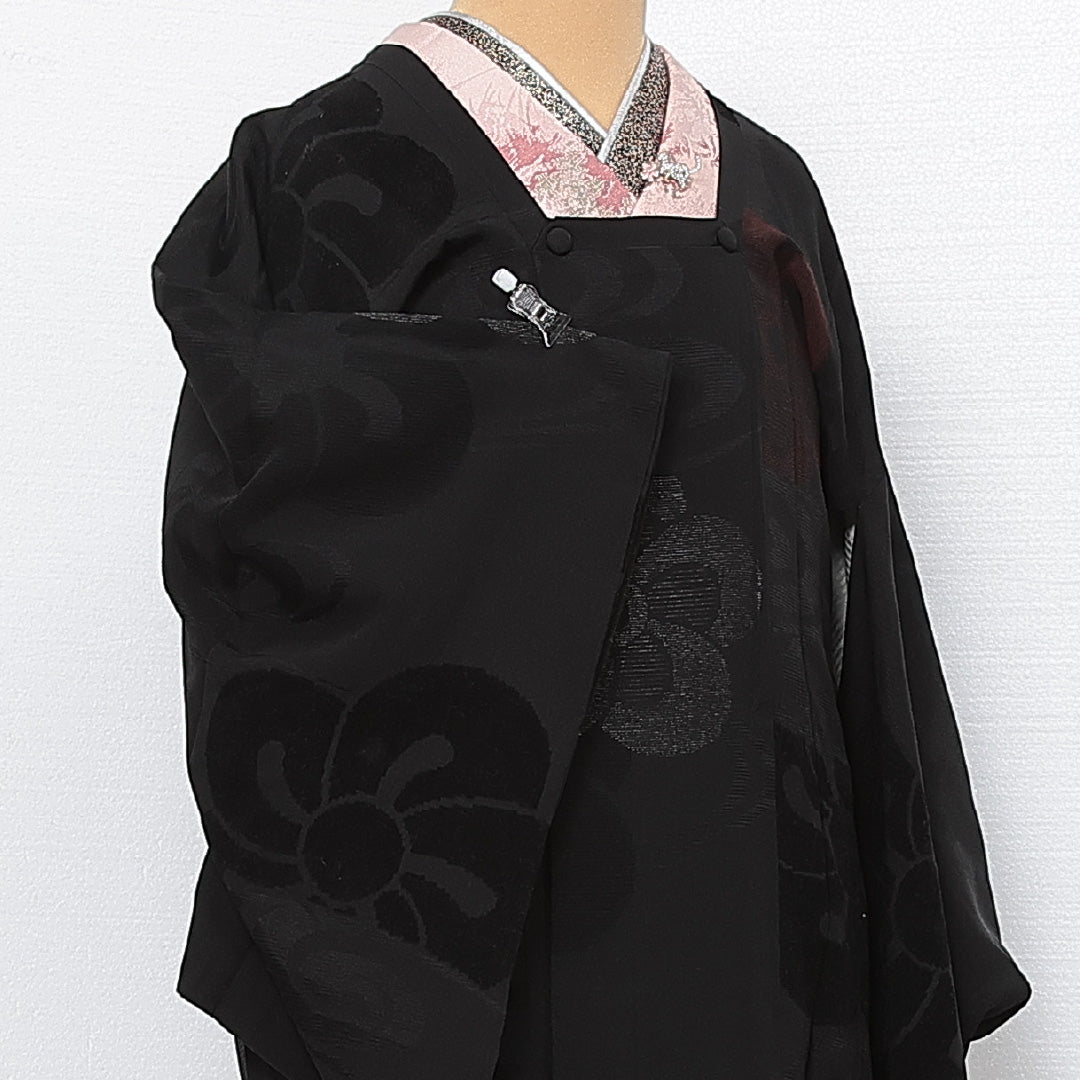 道行コート 袷 身丈90cm 裄丈63cm 正絹 Aランク カジュアル Sサイズ ポケットあり 梅 黒系 HP 1237-13813