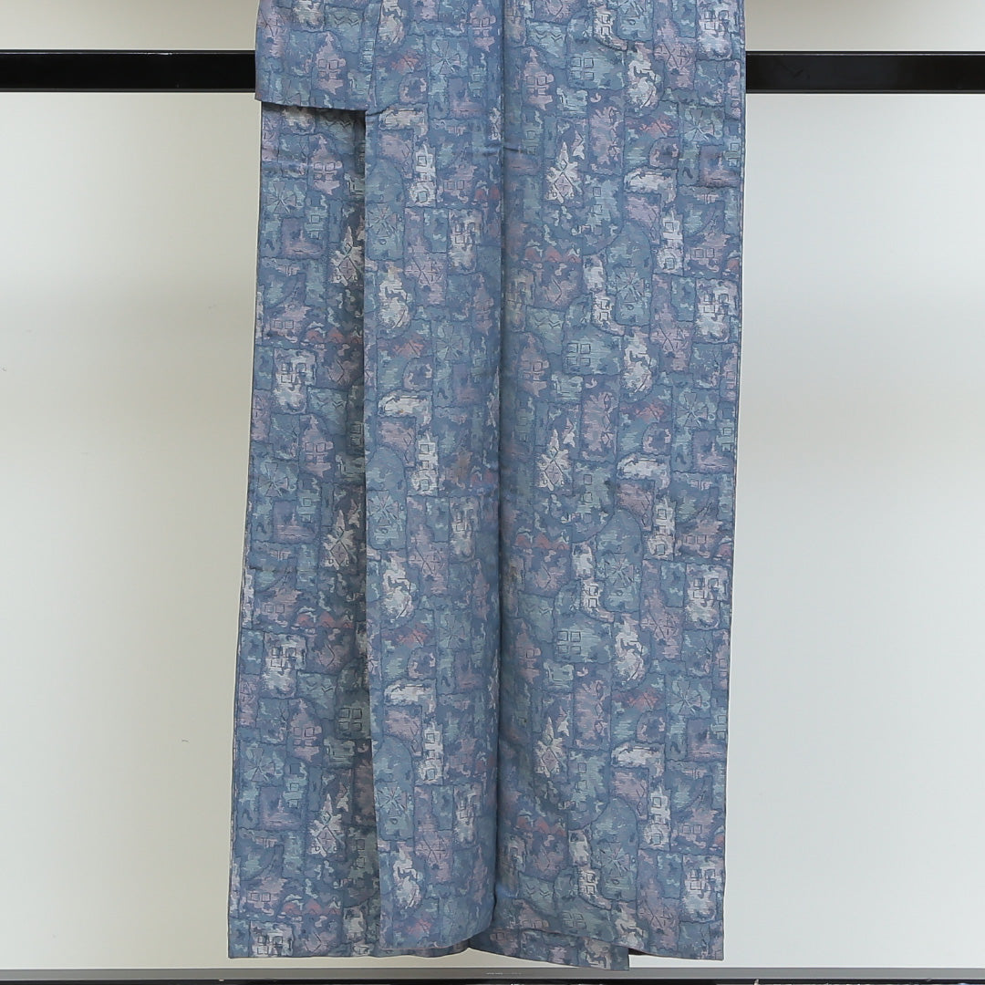 紬 袷 身丈150cm 裄丈62cm 正絹 Cランク Sサイズ 広衿 カジュアル 創作柄 青系 1216-00761