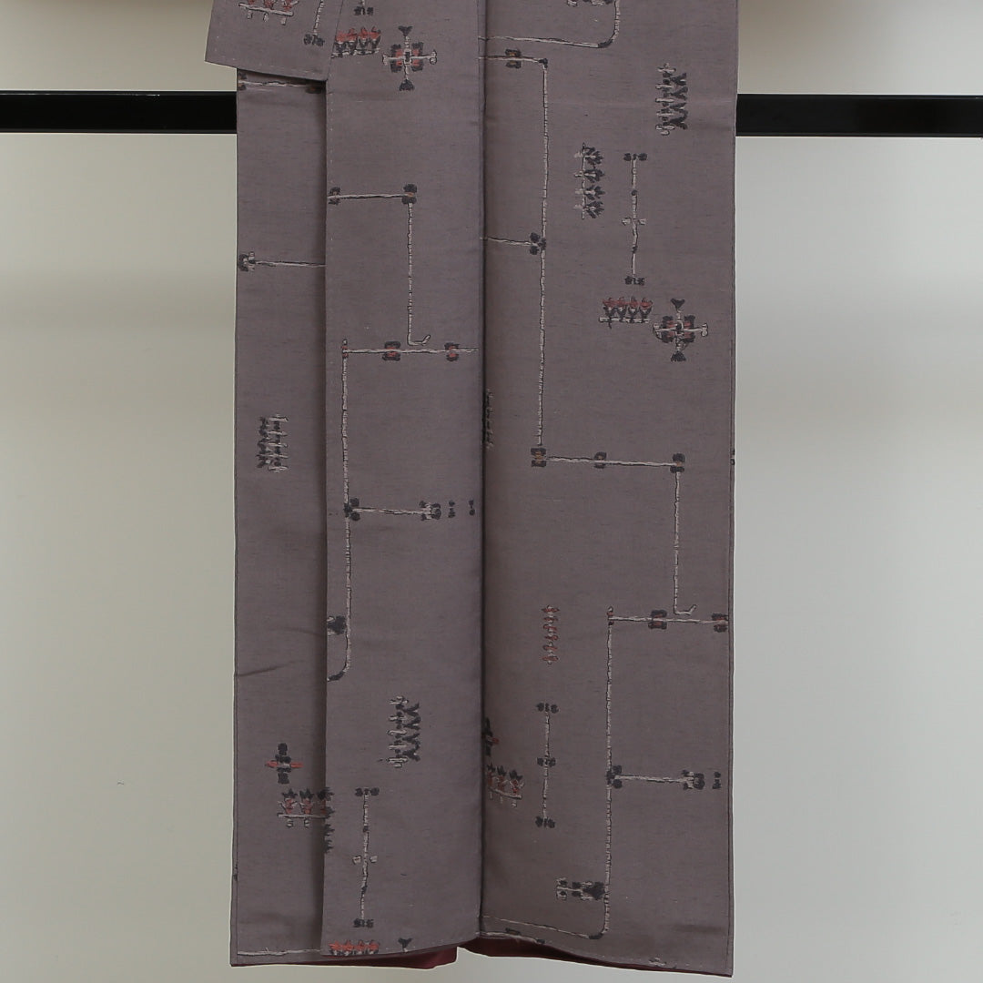 お召 袷 身丈147cm 裄丈63cm 正絹 Aランク XSサイズ 広衿 インフォーマル 創作柄 紫系 1265-00789