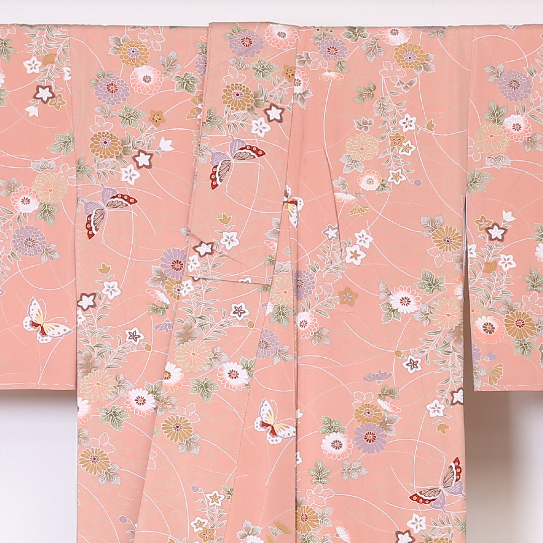 小紋 袷 身丈161cm 裄64cm ピンク系 菊 桔梗や蝶 金彩 正絹 Aランク 1215-01948-3413