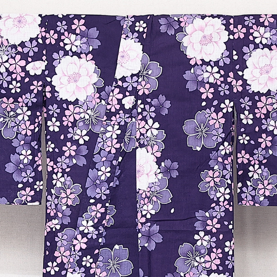 浴衣 夏物 洗える着物 身丈160cm 裄丈62cm Sランク 木綿 バチ衿 Lサイズ カジュアル 桜 可憐 爽やか 紫系 1218-14201