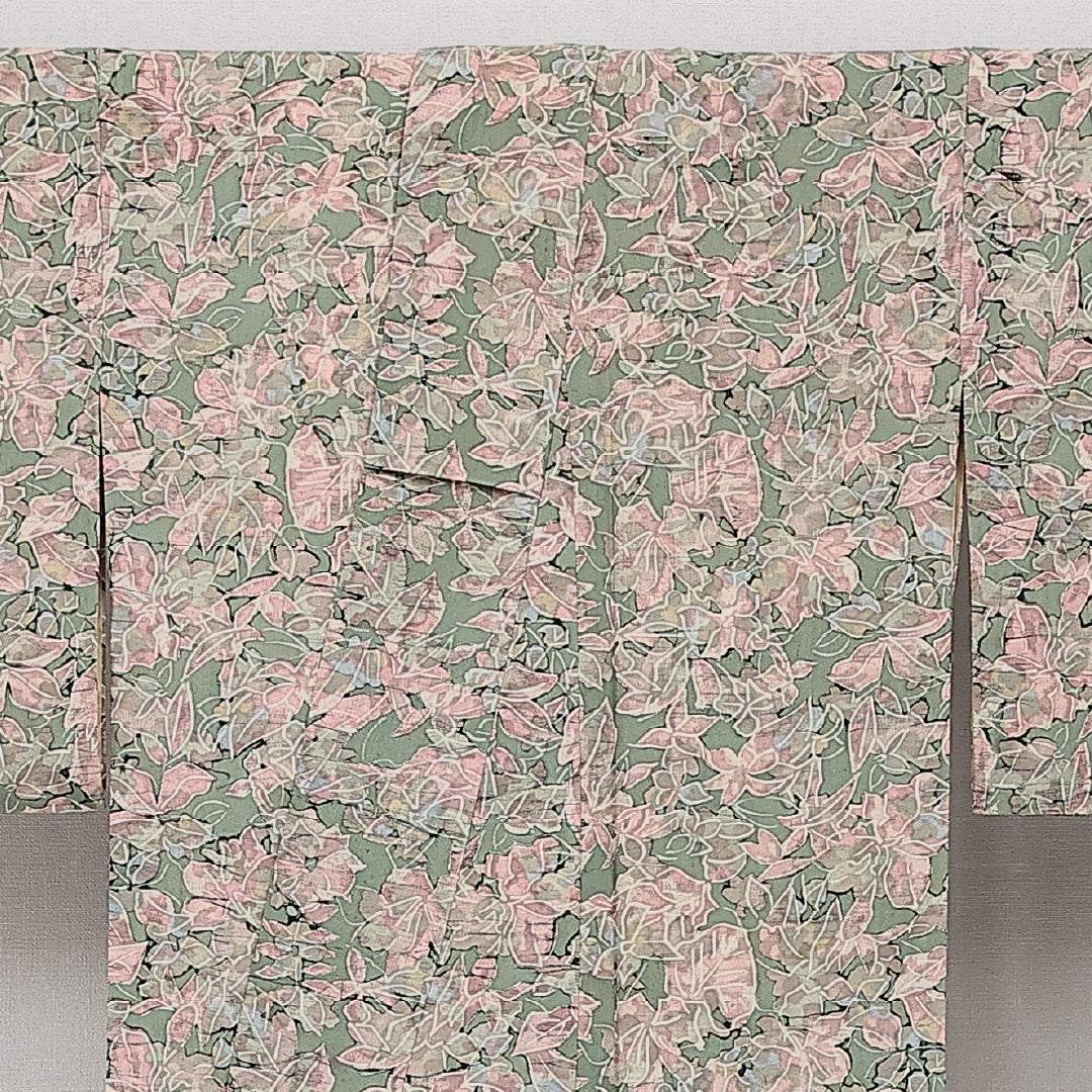 アンティーク 小紋 袷 お召 身丈152cm 裄丈64cm Aランク 正絹 広衿 Sサイズ 花柄 植物柄 可憐 華やか 緑系 ピンク系 1215-14466