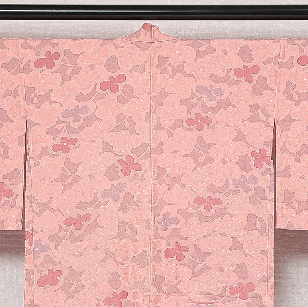 未使用品 羽織 袷 身丈74cm 裄丈67cm 正絹 Nランク 紋意匠 (花柄) カジュアル Mサイズ 織り出し しつけ糸 ピンク系 RP 1232-13769