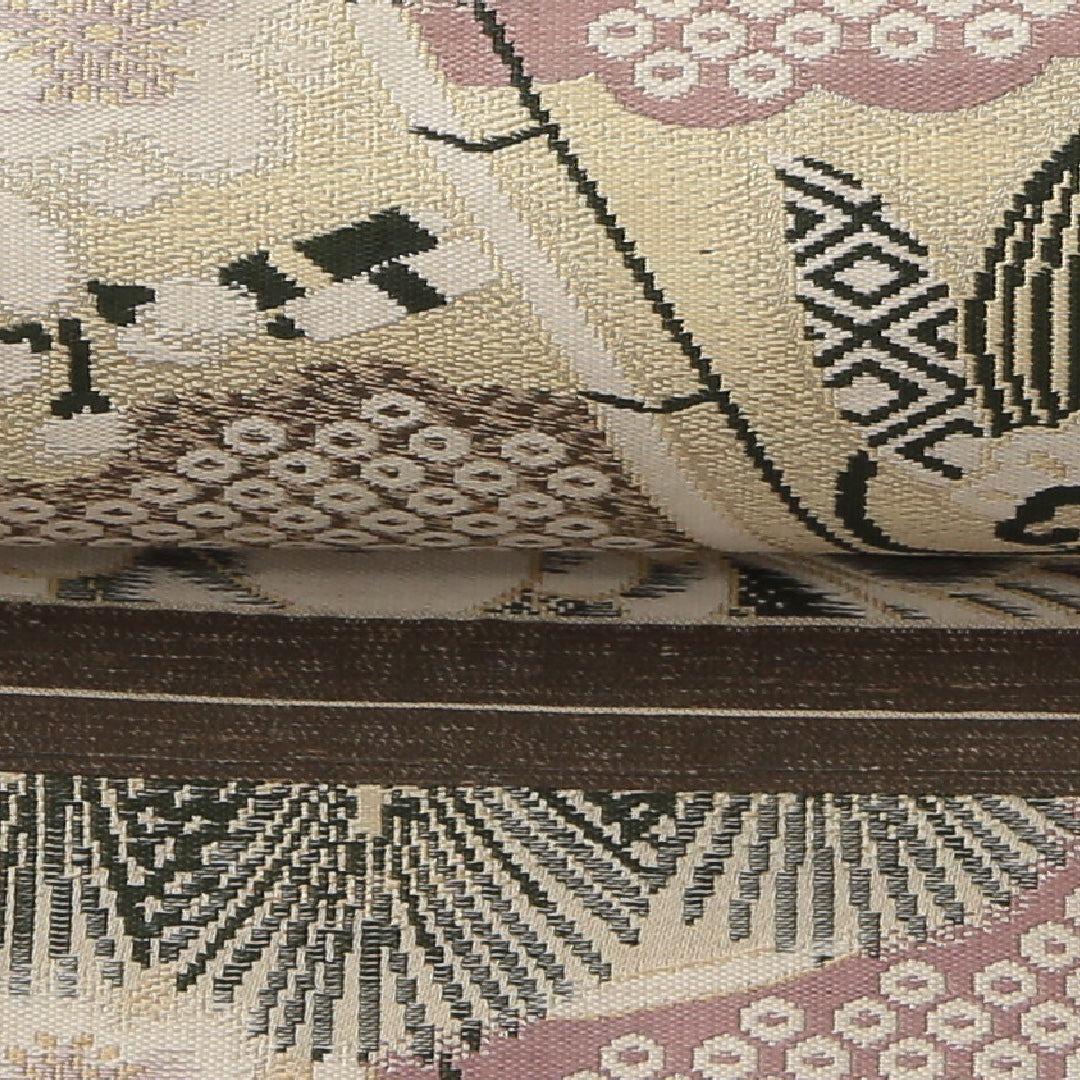 アンティーク 丸帯 帯丈400cm 正絹 全通 松鶴 ベージュ系 1242-01473