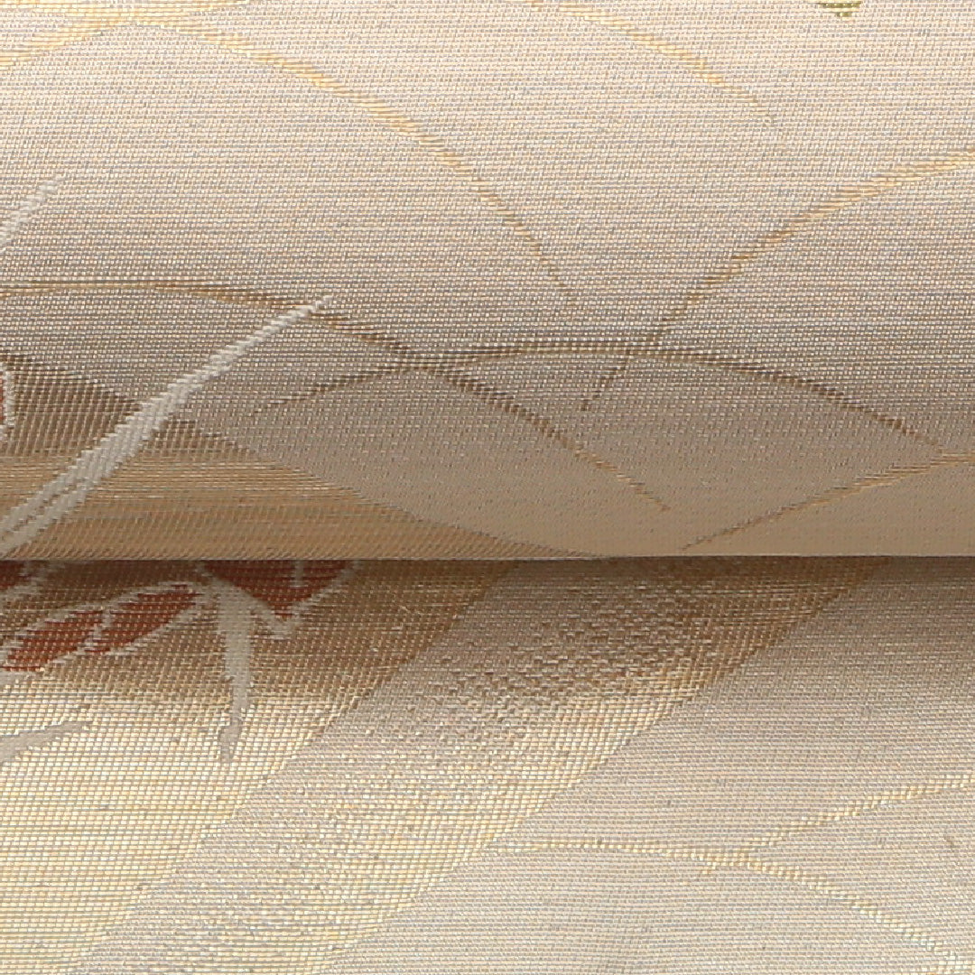 袋帯 六通 帯丈412cm フォーマル Aランク 正絹 扇 菖蒲 クリーム系 1223-01466