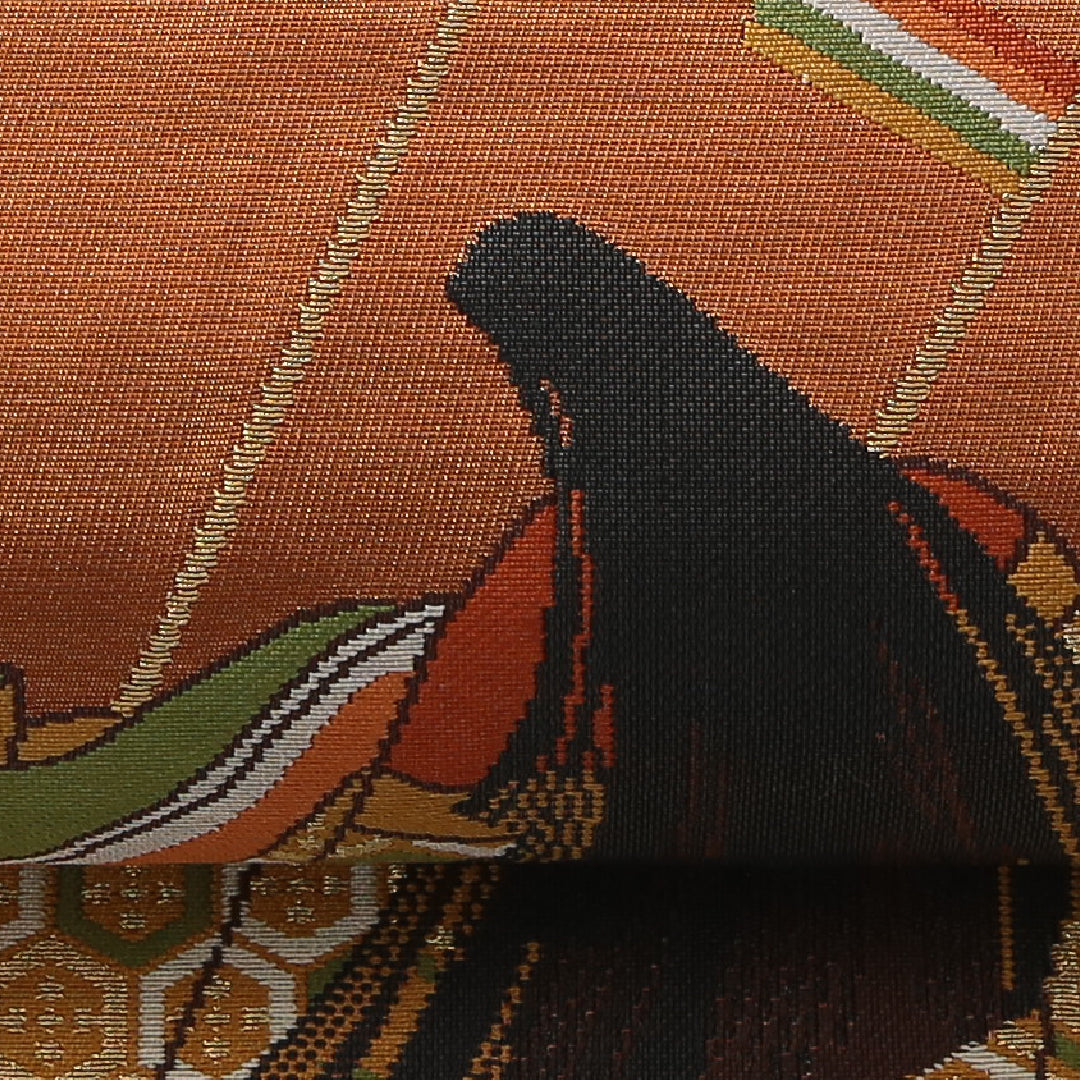 袋帯 帯丈444cm フォーマル 六通 Aランク 正絹 平安絵巻 朱系 1223-02155