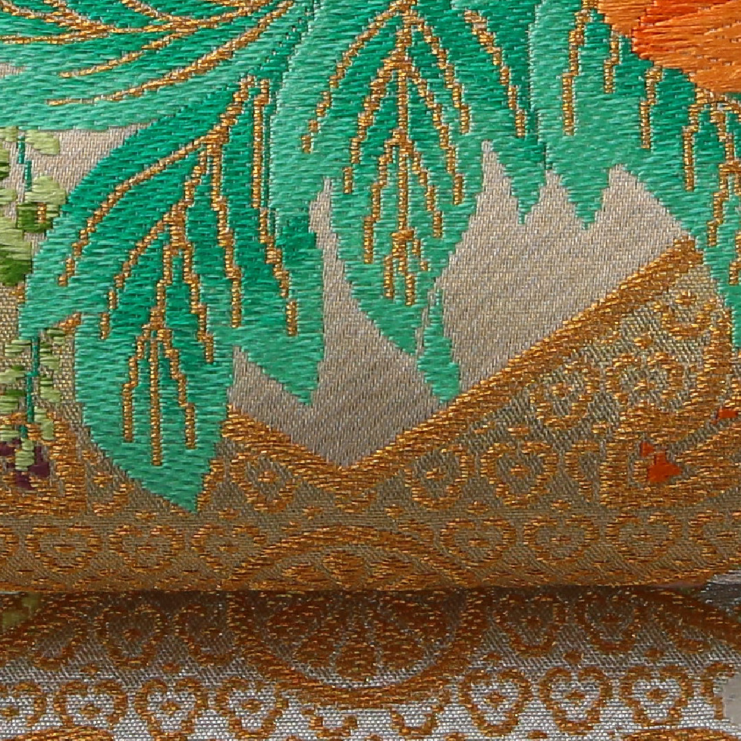 袋帯 帯丈430cm フォーマル 六通 Cランク 正絹 唐織 蜀江 牡丹 クリーム系 1223-02161