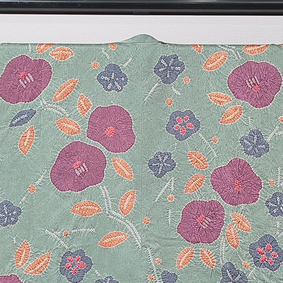 道行コート 袷 身丈90cm 裄丈67cm 正絹 Sランク フォーマル Mサイズ 絞り 椿 可憐 ポップ 緑系 RP 1237-16786