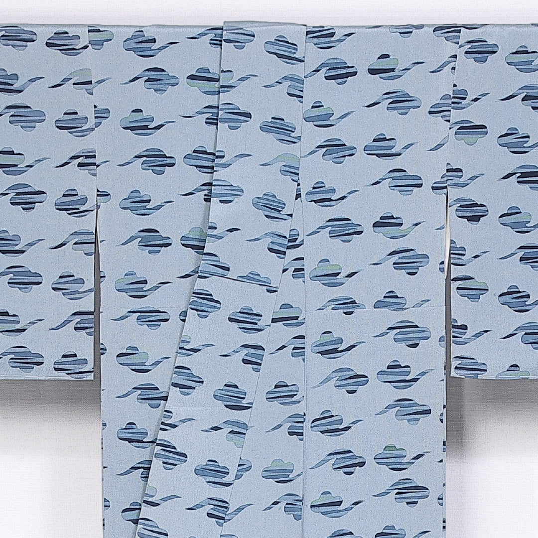 小紋 袷 身丈153cm 裄丈61cm 正絹 Sランク Sサイズ 広衿 インフォーマル ちりめん 水色系 1215-10189