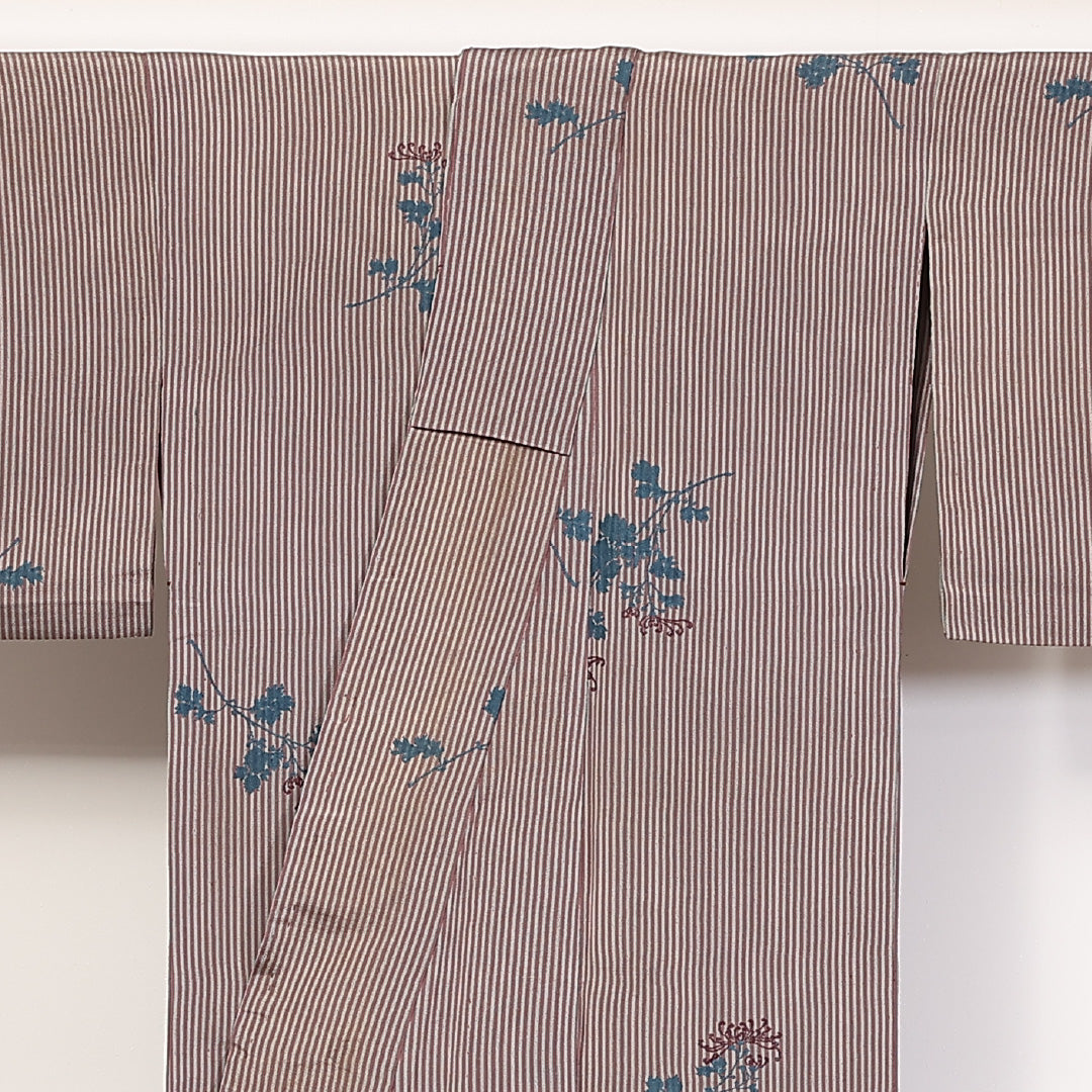 アンティーク 小紋 単衣 身丈146cm 裄61.5cm 正絹 菊 居敷当て 刺繍 縞 茶系 Cランク 1215-02305