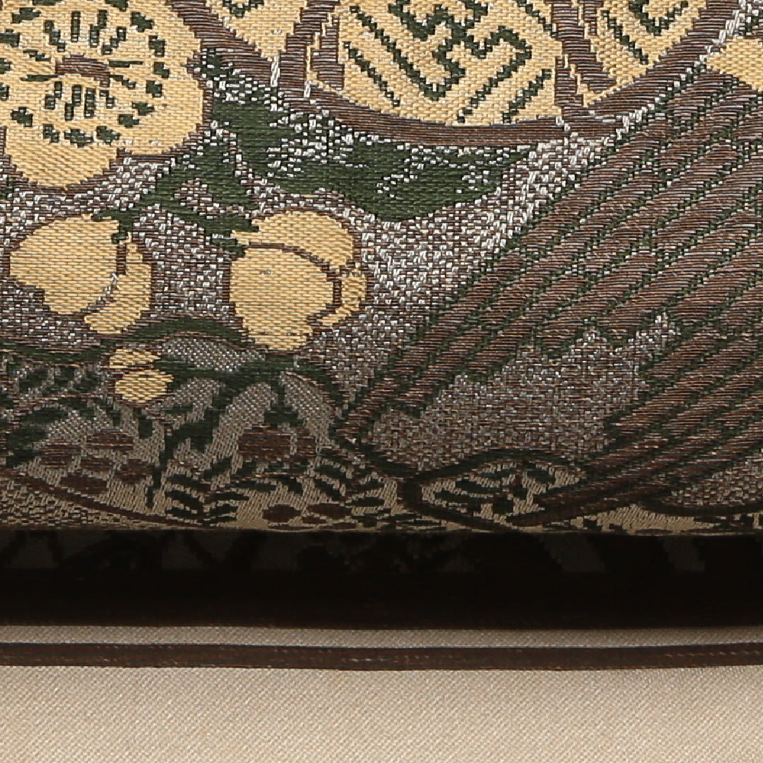 アンティーク 丸帯 帯丈394cm 正絹 全通 扇面文 鼓 雲取り 菊 グレー系 クリーム系 1242-01366
