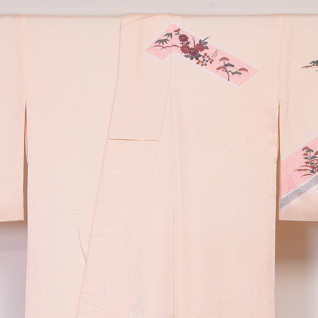訪問着 袷 身丈165~169cm 裄70cm 正絹 一つ紋 菊 金彩 五三桐 紋意匠 クリーム系 Aランク 1212-00555