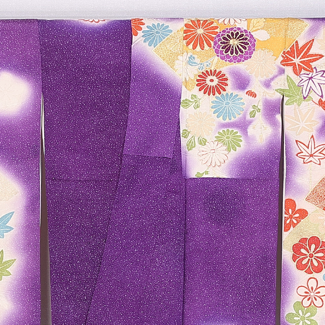 振袖 身丈157cm 裄丈65cm 袷 正絹 Cランク 広衿 菊 梅 紅葉 金駒刺繍 扇 1213-F0391