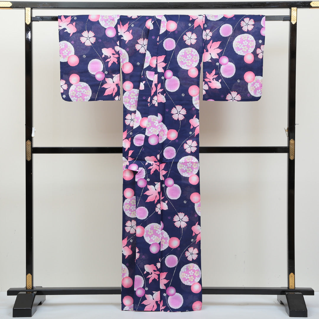新品 浴衣 身丈163cm 裄丈67cm 木綿 洗える着物 金魚 Nランク 1218-00026