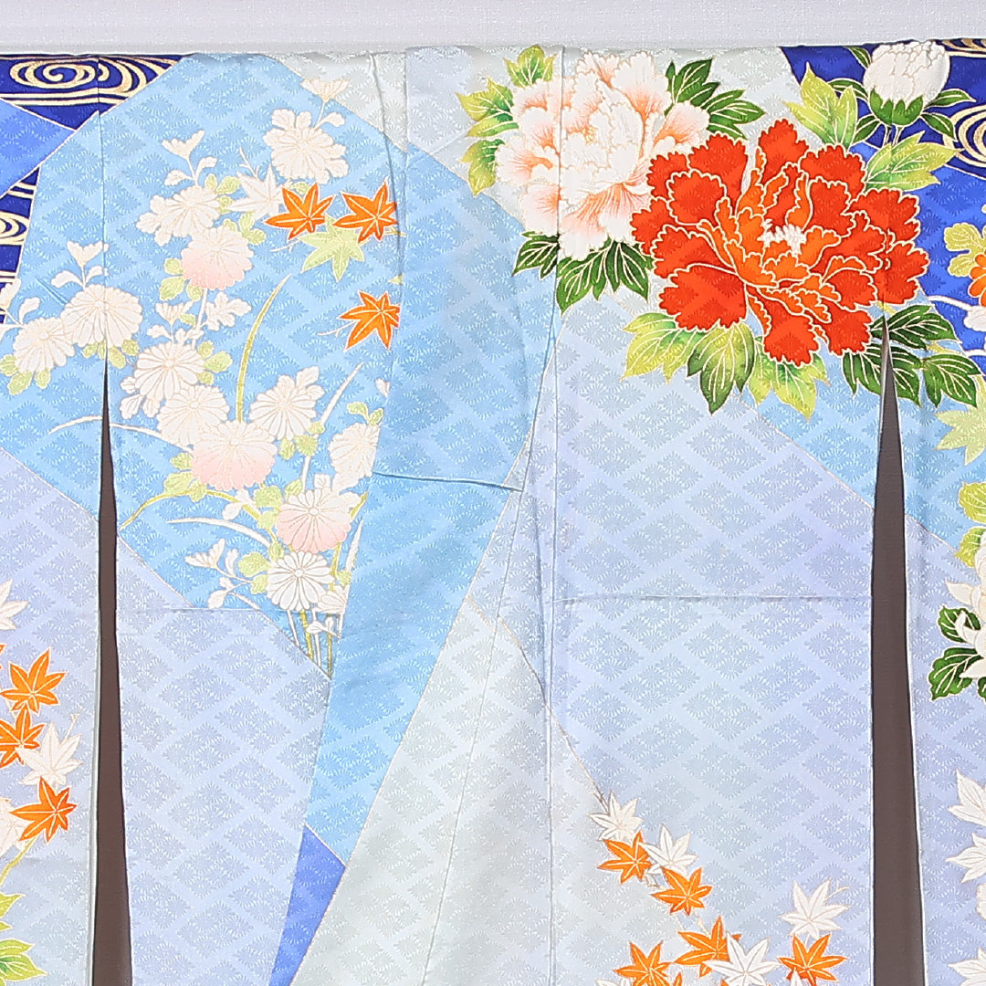 振袖 身丈164cm 裄丈66.5cm Bランク 袷 正絹 M 広衿 観世水 吉祥文様 古典柄 菊 紅葉 楓 牡丹 花柄 青系 1213-F0448