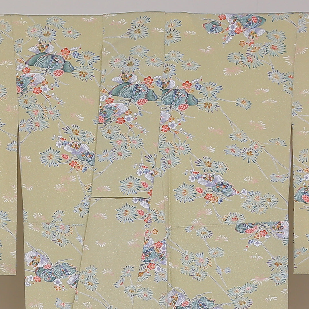 小紋 袷 身丈166cm 裄丈66cm 正絹 Aランク XLサイズ 広衿 インフォーマル ちりめん 梅 松 緑系 茶系 1215-01805