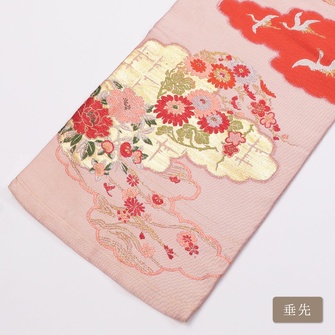 アンティーク 九寸名古屋帯 Cランク 帯丈322cm 正絹 六通 名古屋仕立て 織り 鶴 雲取り 菊 ピンク系 LP 1245-00882