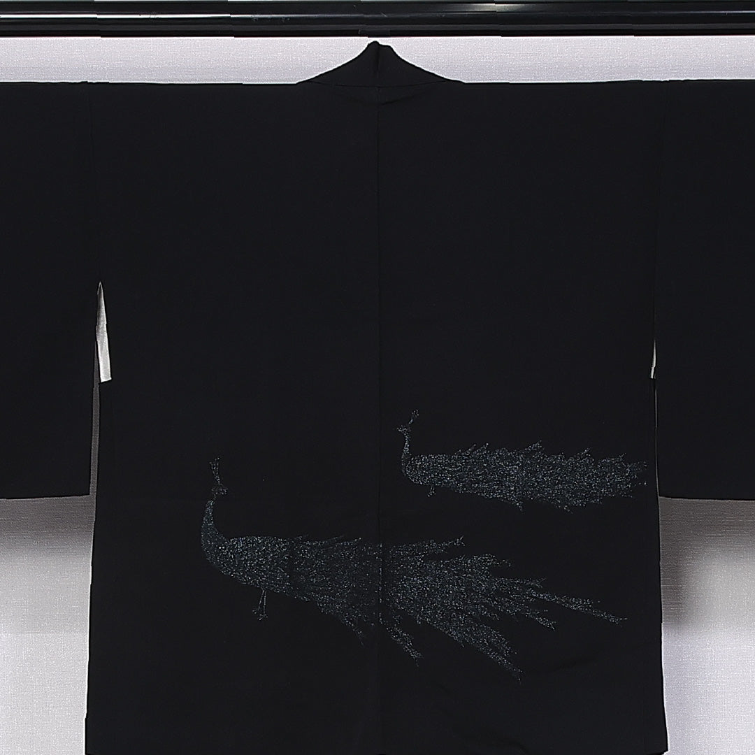 羽織 身丈72cm 裄丈62cm S 正絹 Sランク 袷 紐あり 黒羽織 孔雀 漆糸 1217-11085