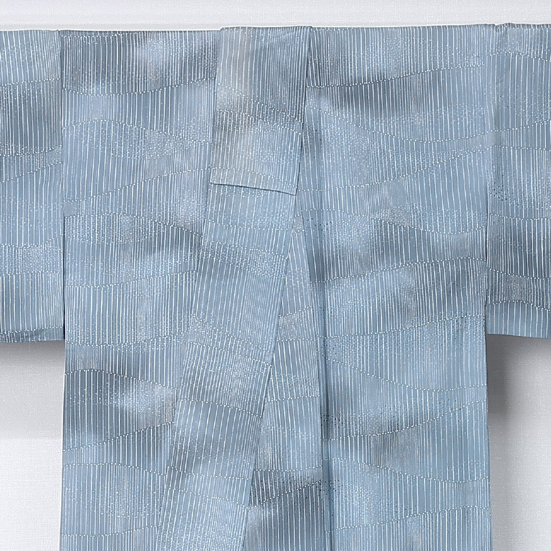 小紋 身丈143cm 裄丈65cm Aランク XS 正絹 単衣 広衿 織り出し 創作 ぼかし カジュアル 水色系 1215-12301