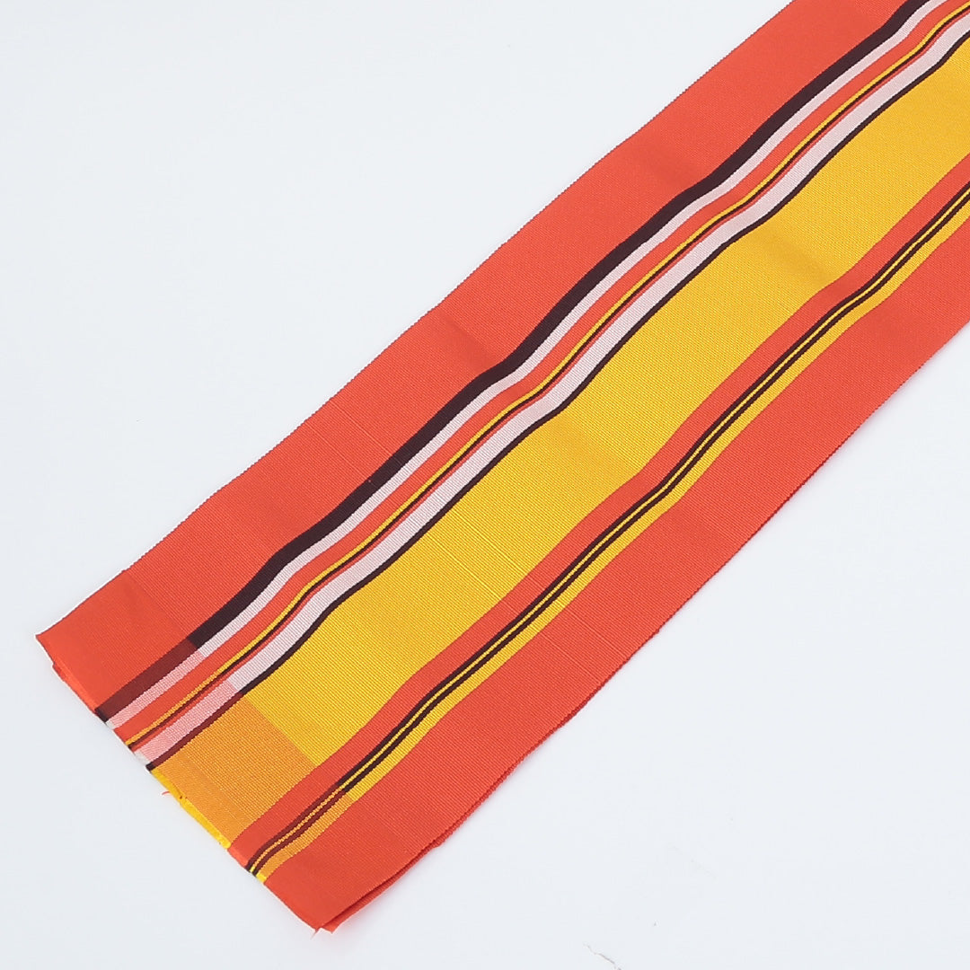 本場筑前 半幅帯 帯丈358cm 矢鱈縞 正絹 単衣帯 全通 仕立て上がり カジュアル Sランク 朱系 1225000055216