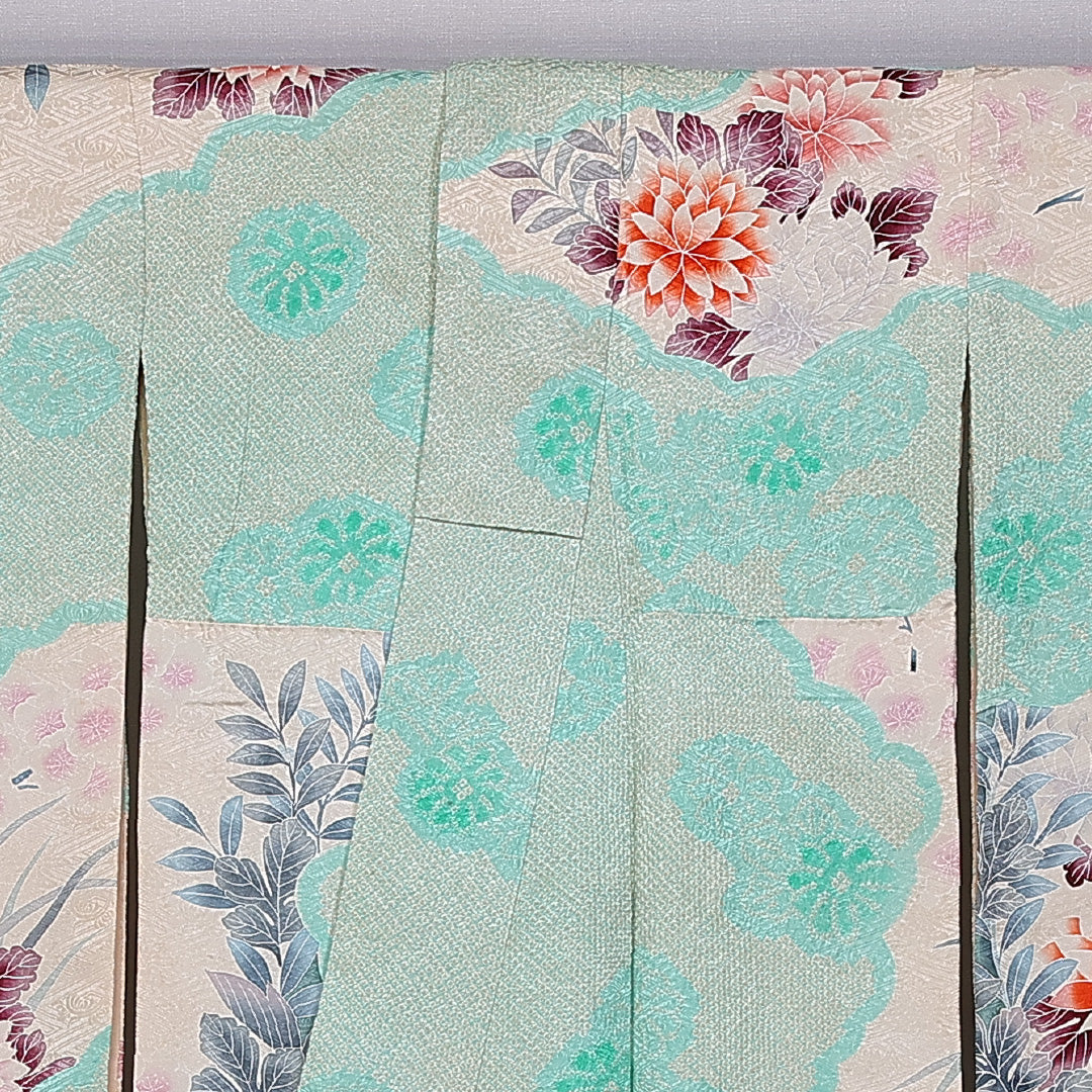 振袖 身丈166cm 裄丈67.5cm 袷 正絹 Cランク 広衿 絞り 牡丹 桔梗 菊 1213-F0398