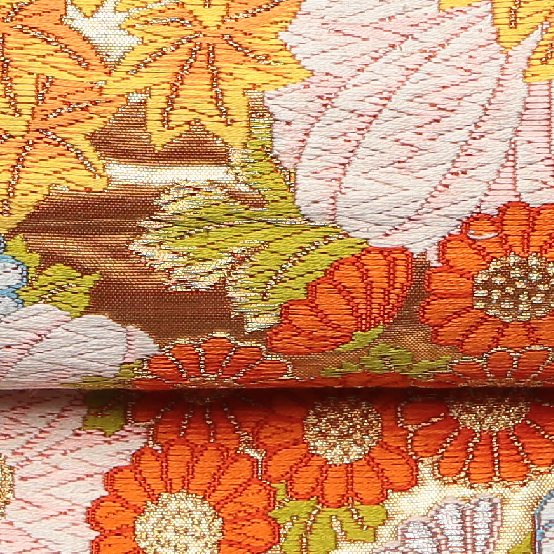 袋帯 帯丈420cm 六通 菊 紅葉 立涌 フォーマル 朱系 正絹 Aランク 1223-01195