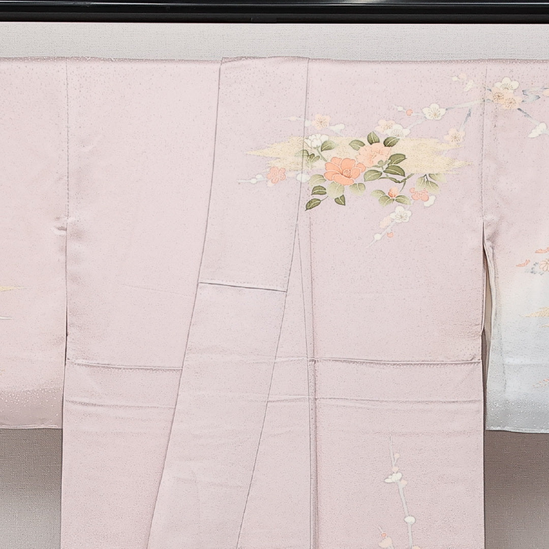 訪問着 袷 身丈160cm 裄丈67cm Sランク 正絹 広衿 Lサイズ 一つ紋(向かい蝶) セミフォーマル 蘇州刺繍 金彩 吉祥文様 上品 華やか ピンク系 紫系 1212-14247