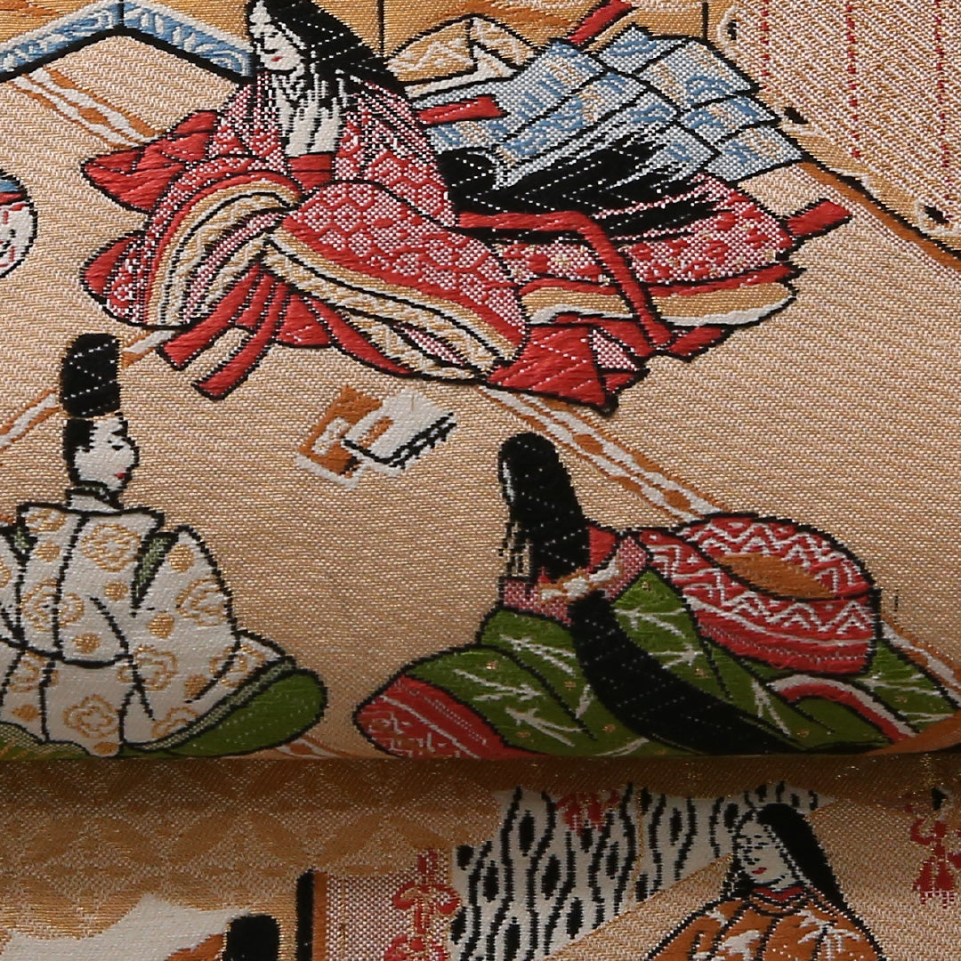 袋帯 帯丈432cm 正絹 六通 フォーマル 源氏物語 平安絵巻 ベージュ系 金系 1243-01636