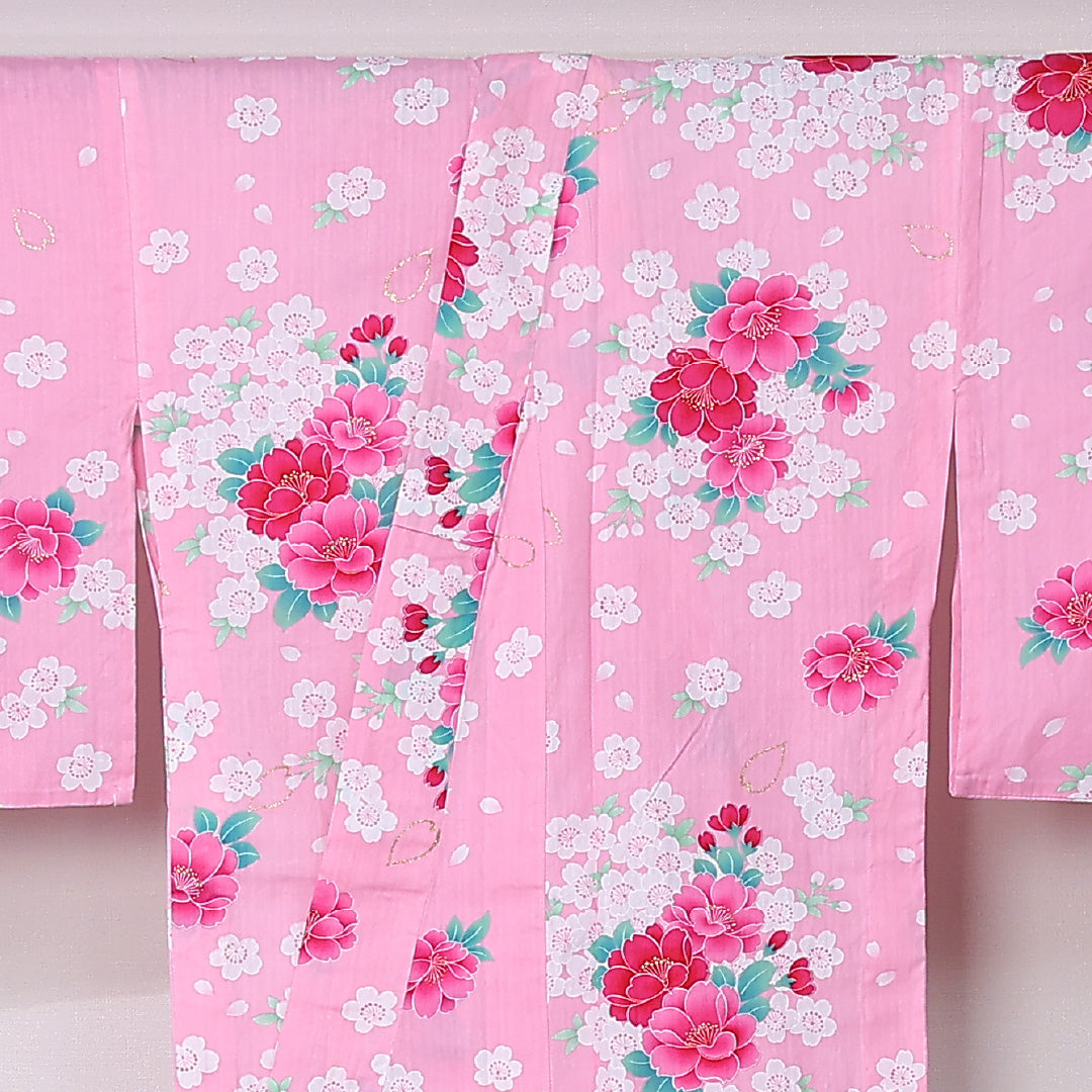 夏物 浴衣 身丈165cm 裄丈66.5cm Aランク XL 木綿 洗える着物 夏物 バチ衿 牡丹 桜 梅 カジュアル ピンク系 1218-12454