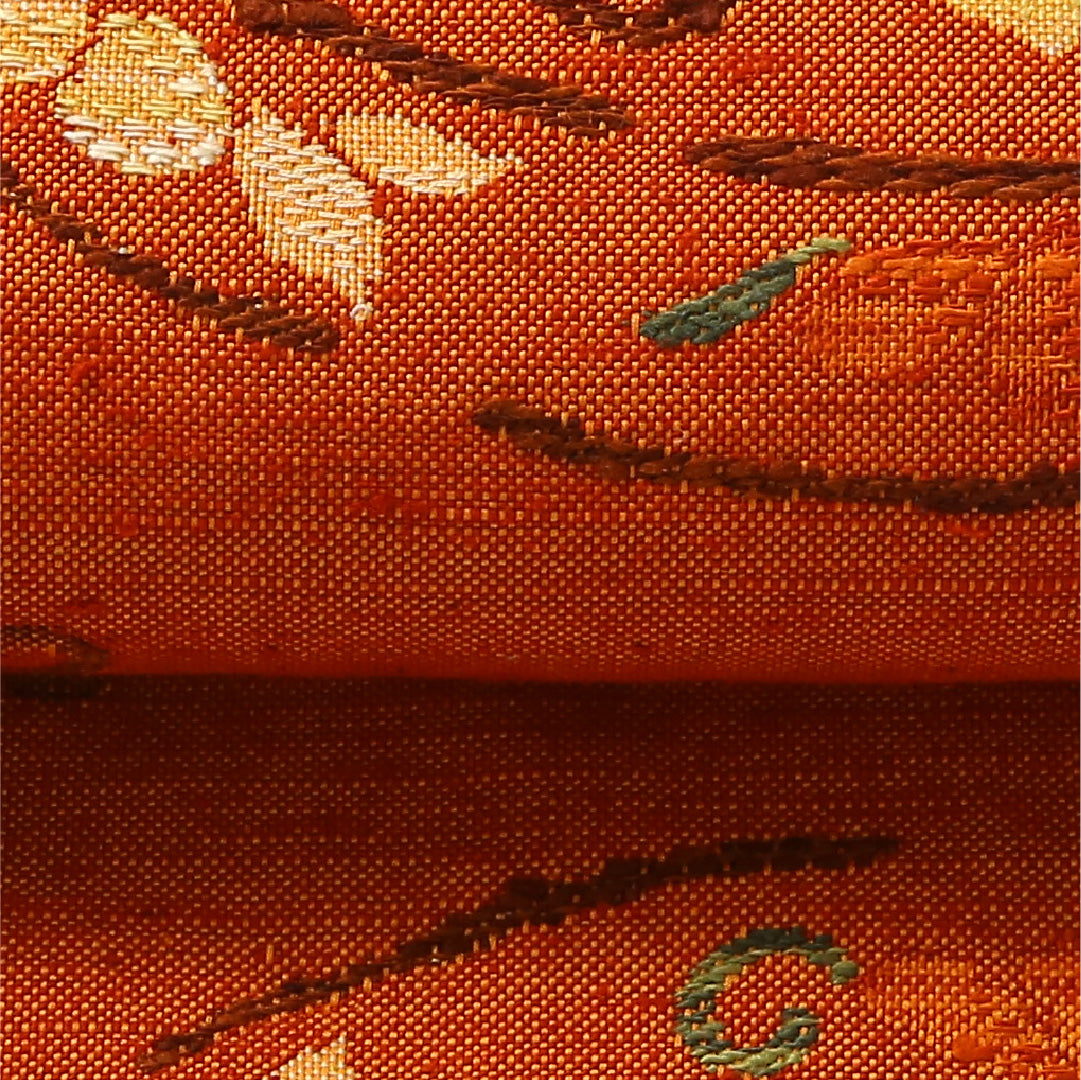未使用品 八寸名古屋帯 Nランク 帯丈351cm 正絹 六通 松葉仕立て 織り カジュアル 紬 唐草華文 朱系 GP 1245-03041