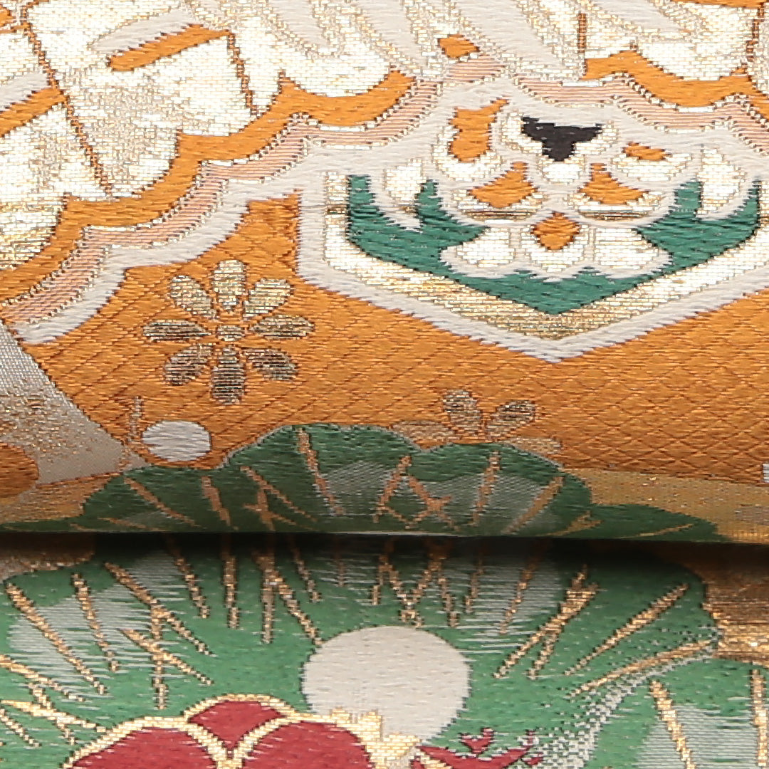 アンティーク 丸帯 帯丈372cm 正絹 全通 御所車 鶴 クリーム系 金系 1242-01189