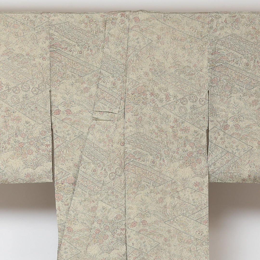 小紋 単衣 身丈145cm 裄62.5cm ベージュ系 古典柄 正絹 Aランク 1215-01519-3125