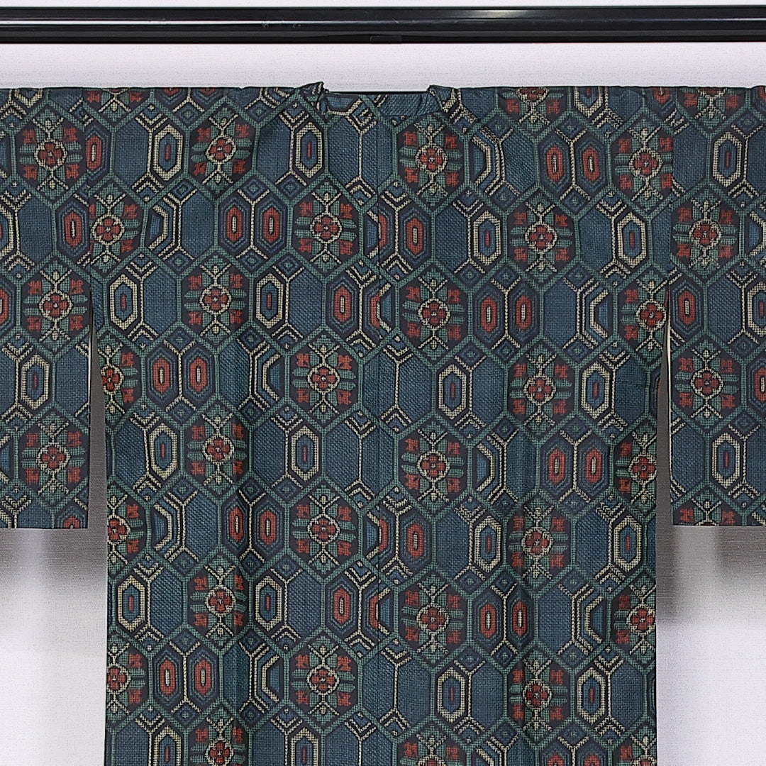 道行コート 身丈82cm 裄丈64cm M 正絹 Sランク 袷 紬 亀甲 1263-10774