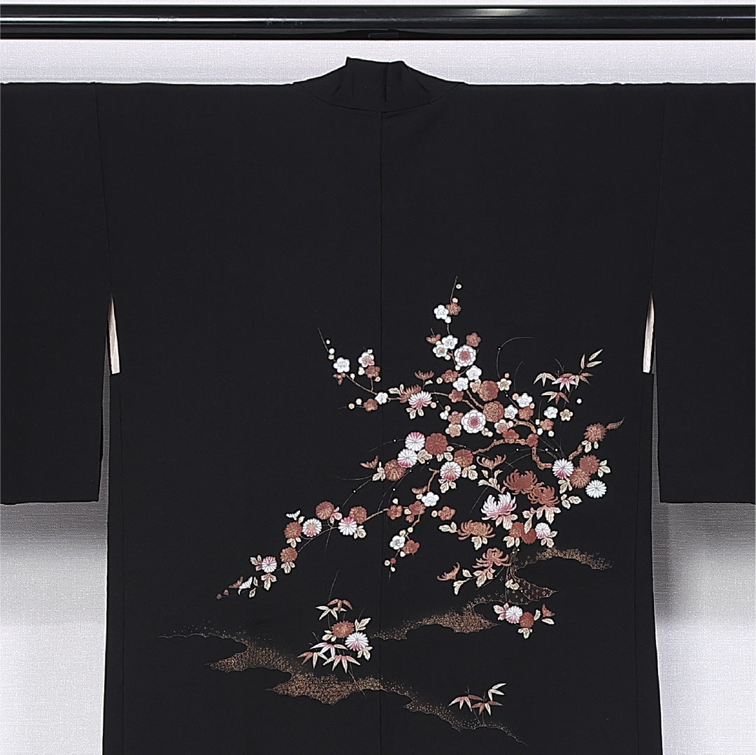 黒羽織 袷 身丈78cm 裄丈64cm 正絹 Aランク インフォーマル Mサイズ 紐あり 桜 柏 黒系 RP 1233-11132