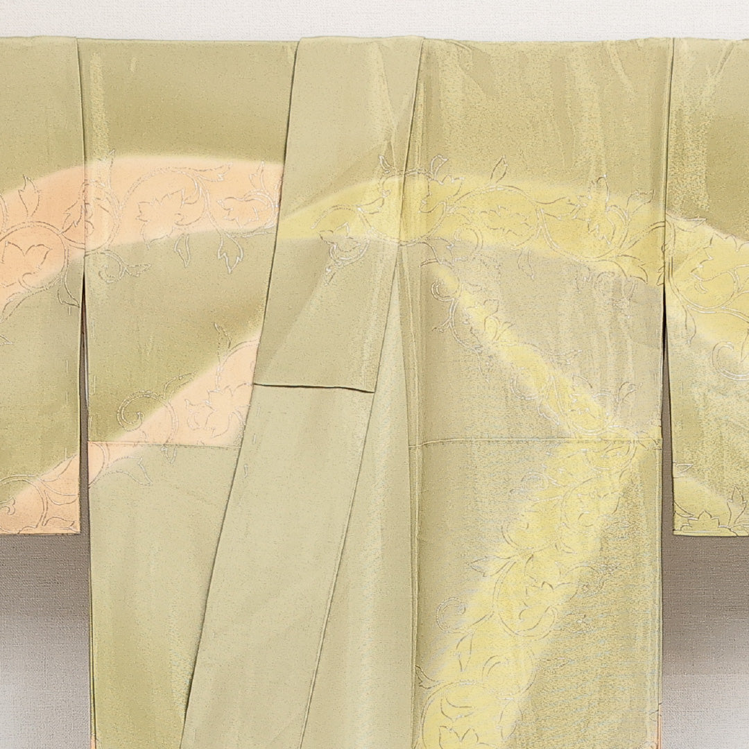 洗える着物 訪問着 袷 身丈155cm 裄丈64cm ポリエステル Aランク 一つ紋 (丸に違い鷹の羽) セミフォーマル 広衿 Mサイズ 創作柄 金系 RP 1217-13982